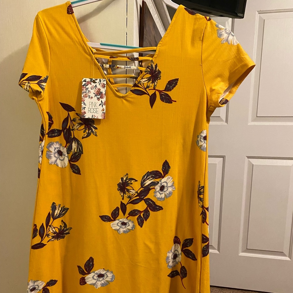 Unworn, yellow, floral dress.